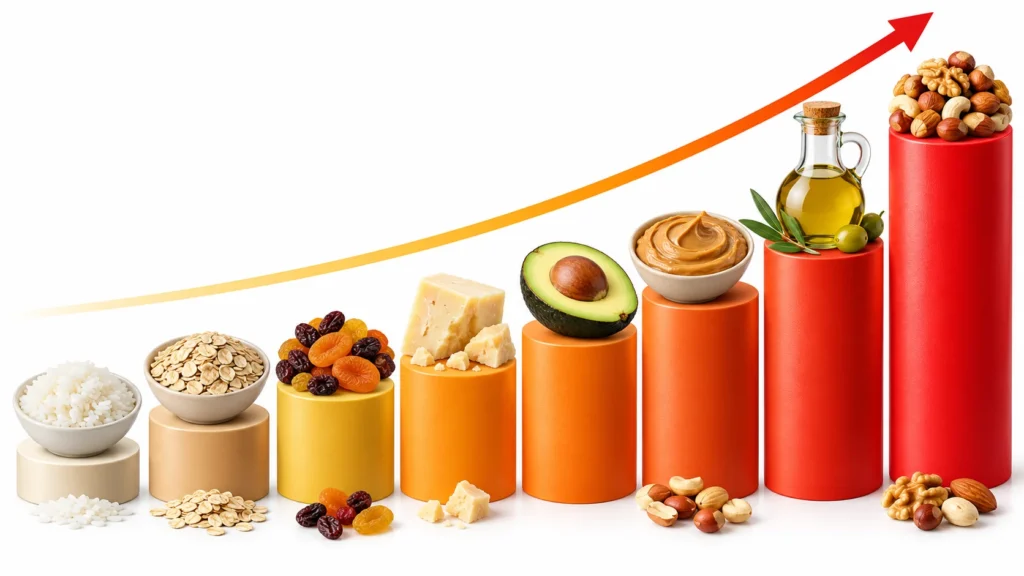 Alimentos altos en calorías para subir de peso: arroz, avena, frutos secos, queso, aguacate y aceite de oliva en gráfico ascendente