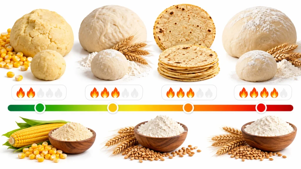 Infografía de las calorías de la masa de maíz, trigo y pizza