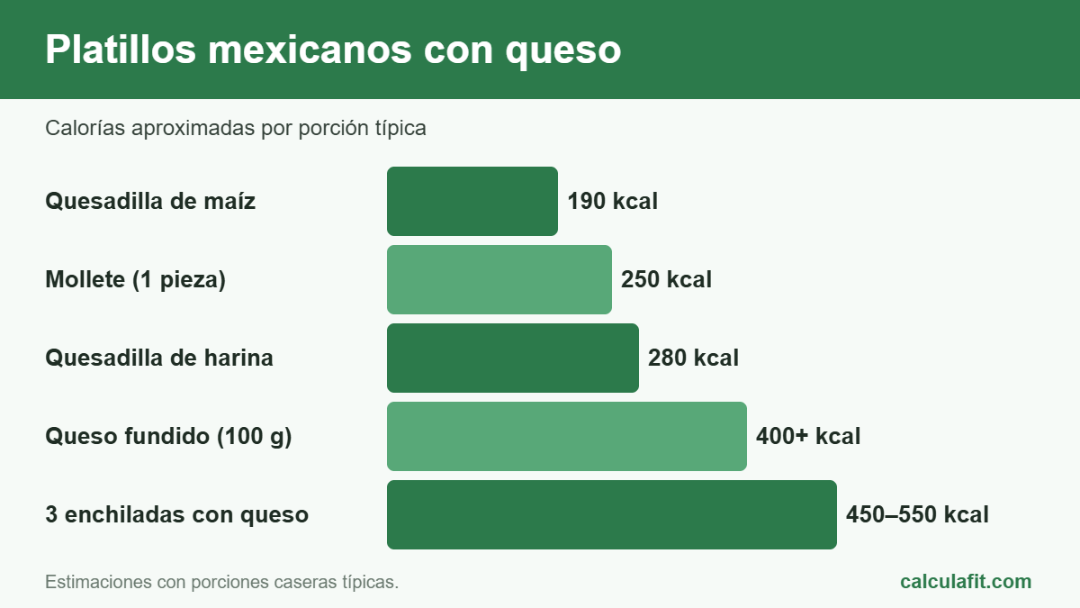 Calorías de platillos mexicanos con queso como quesadillas, molletes y enchiladas