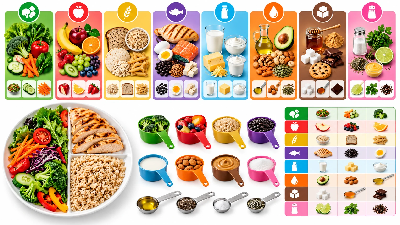 Cuadro dietosintético con los grupos de alimentos y sus equivalencias