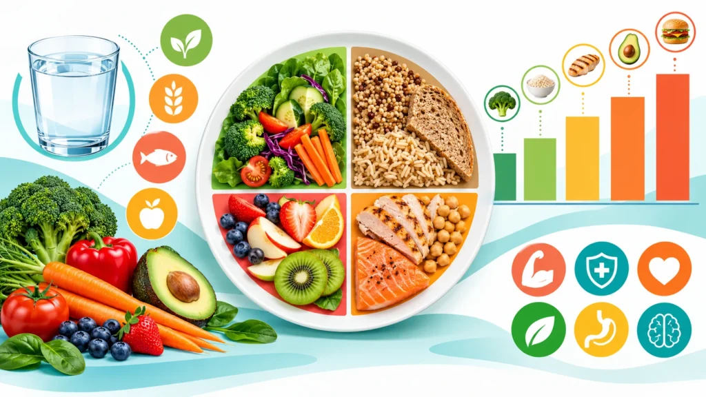 Gráficas de alimentación saludable: infografía del plato con los grupos de alimentos