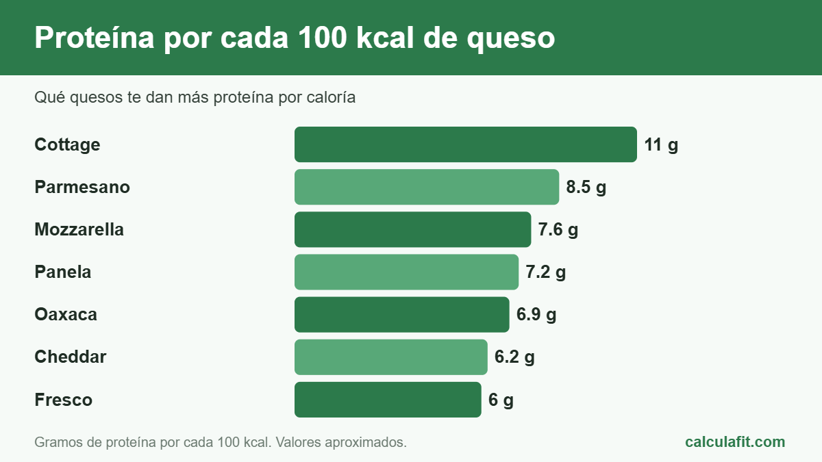 Proteína y calorías del queso cottage, panela, Oaxaca y parmesano